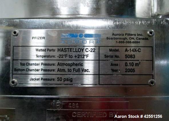 Used Aurora 0.1 Square Meter Nutsche Filter, Model A-14X-C. Hastelloy C22 construction, rated atmospheric and full vacuum at 212 f internal, jacketed for 50 psi at 212 f, removable bottom plate, top ...