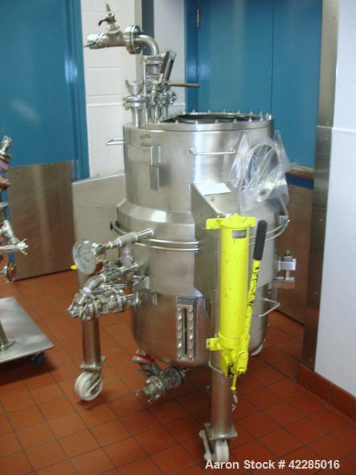 Used Aurora Filters Nutsche Style Filter, model A26UF, stainless steel. Filtration area 0.34 square meter. Cake thickness 3/4’’ to 6’’ maximum, cake volume 52 liters maximum, slurry depth 12’’ maximu...