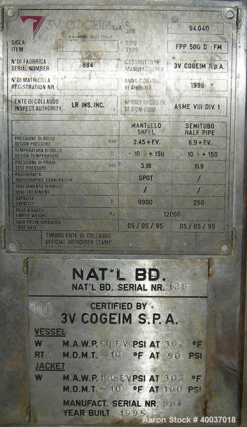Used 3V Cogeim Filter Dryer, Model FILTRODRY FPP500 D/FM, Hastelloy C22 product contact areas. Approximately 5 square meter. 102'' diameter x 62'' straight side, dished top, bolt on flat bottom. Inte...