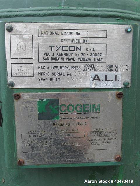 Used 3V Cogeim Glass Lined Nutsche Filter, 0.38 Square Meter, Type FPP PILOTA SMALTATO. Approximately 700 mm inner vessel diameter. Internal rated 90 psi & Full Vacuum at 392 degrees F. Jacket rated ...