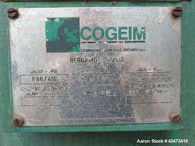 Used 3V Cogeim Glass Lined Nutsche Filter, 0.38 Square Meter, Type FPP PILOTA SMALTATO. Approximately 700 mm inner vessel diameter. Internal rated 90 psi & Full Vacuum at 392 degrees F. Jacket rated ...