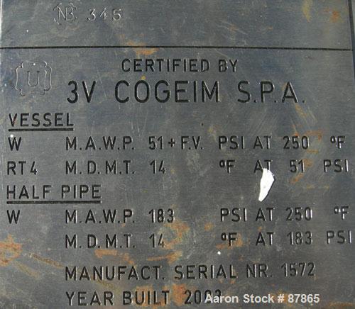 USED: Cogeim filter dryer, model FPP-PP-52A, 316 stainless steel product contact areas. Approximately 3 square meter. Internal rated 51 psi and FV at 250 deg F, 304L stainless steel half pipe coil ja...
