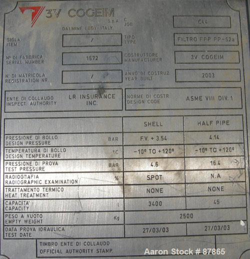 USED: Cogeim filter dryer, model FPP-PP-52A, 316 stainless steel product contact areas. Approximately 3 square meter. Internal rated 51 psi and FV at 250 deg F, 304L stainless steel half pipe coil ja...