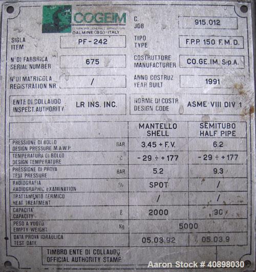 Used Cogeim 1.5 Square Meter Filtro-Dry Agitated Nutsche Filter Dryer, Model FPP 150 FMD. 316L stainless steel construction, 2000 liter capacity, rated 3.45 bar (50 psi) and full vacuum at -29/+180 C...