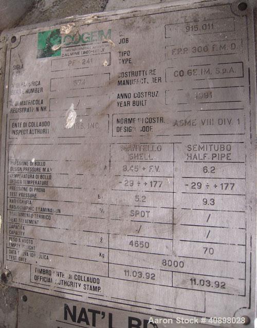 Used Cogeim 3 Square Meter Filtro-Dry Agitated Nutsche Filter Dryer, Model FPP 300 FMD. 316L stainless steel construction, 4600 liter capacity, rated 3.45 bar (50 PSI) and full vacuum at -29/+180 C i...