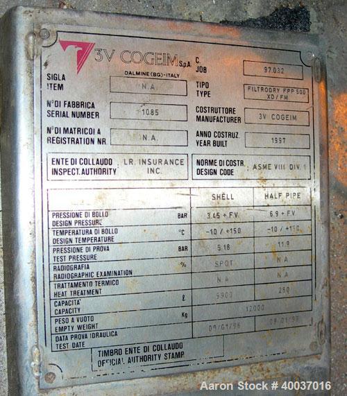 Used 3V Cogeim Filter Dryer, Model FILTRODRY FPP500 XD/FM, Hastelloy C22 product contact areas. Approximately 5 square meter. 102'' diameter x 62'' straight side, dished top, bolt on flat bottom. Int...