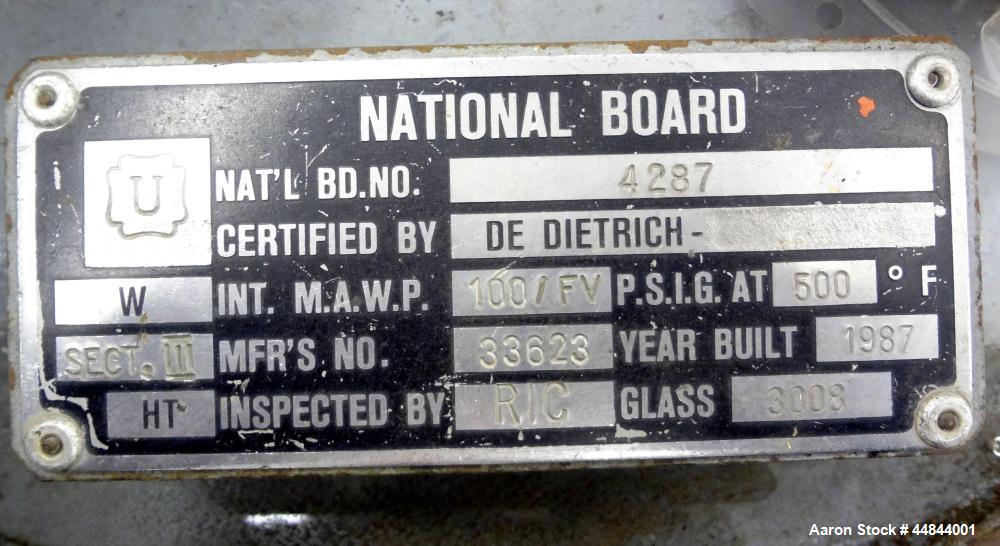 Used De Dietrich Glass Lined Pressure Nutsche Filter, Approximate 0.28 Square Meter, 3008 Blue Glass. Approximate 23-5/8"  x 17" deep top section, bottom section approximate 6" straight side, dished ...