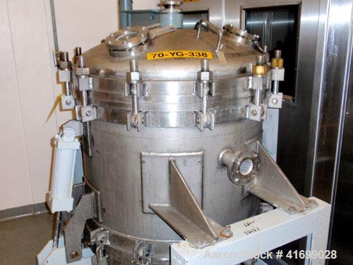 Used Durco Nutsche Style Single Leaf Pressure Filter, approximately 0.6 square meter, 316L stainless steel. 36'' diameter x 28'' straight side. Bolt on top with davit arm, bolt on hinged bottom with ...
