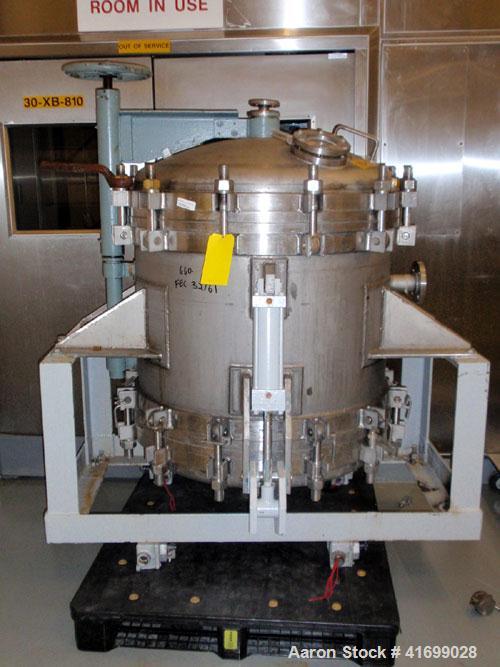 Used Durco Nutsche Style Single Leaf Pressure Filter, approximately 0.6 square meter, 316L stainless steel. 36'' diameter x 28'' straight side. Bolt on top with davit arm, bolt on hinged bottom with ...