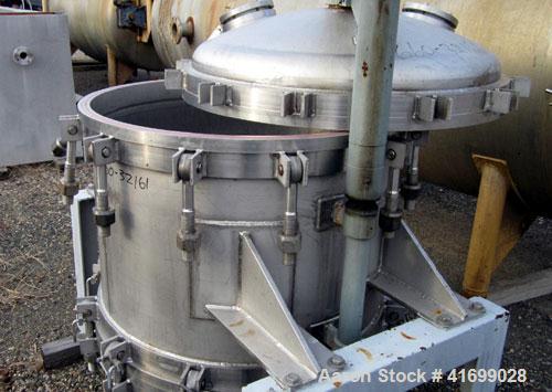 Used Durco Nutsche Style Single Leaf Pressure Filter, approximately 0.6 square meter, 316L stainless steel. 36'' diameter x 28'' straight side. Bolt on top with davit arm, bolt on hinged bottom with ...