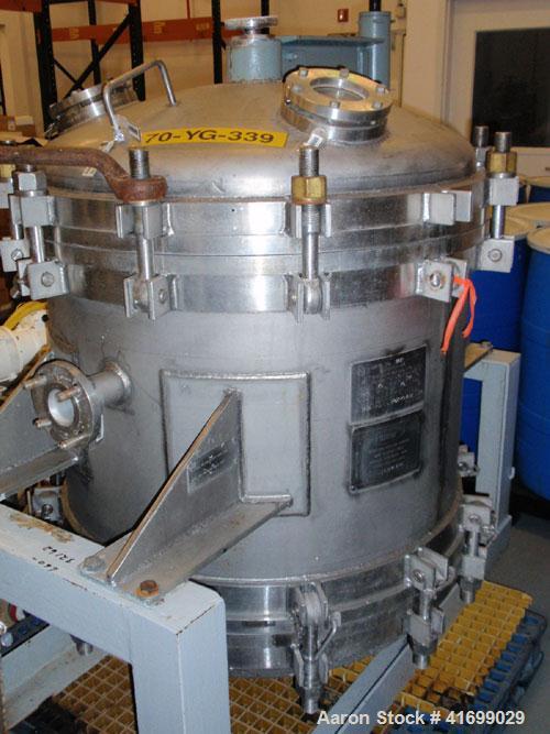 Used Durco Nutsche Style Single Leaf Pressure Filter, approximately 0.6 square meter, 316L stainless steel. 36" diameter x 28" straight side. Bolt on top with davit arm, bolt on hinged bottom with cy...