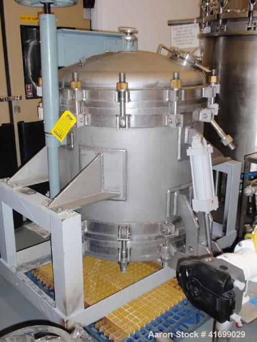Used Durco Nutsche Style Single Leaf Pressure Filter, approximately 0.6 square meter, 316L stainless steel. 36" diameter x 28" straight side. Bolt on top with davit arm, bolt on hinged bottom with cy...