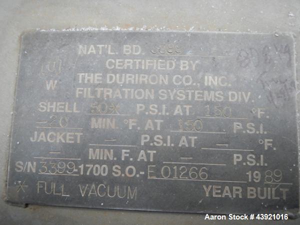 Used Duriron Nutsche Filter, 1.16 Square Meter Surface Area. 304 stainless steel construction. Approximate 4' diameter, Internal rated 50 psi / Full Vacuum at 150 degrees F. Haylar lined body and top...