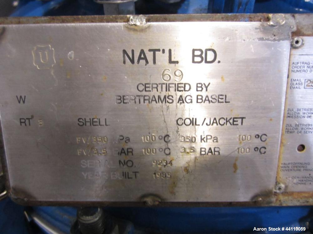 Used Estrella / Bertrams AG Basel Glass Lined Nutsche Filter 24" Diameter (51.4 Gallons, 6.5 Gallons, rated 50/FV at 212 F internal, 50 at 212 F jacket. Filter Tray with 151 holes. Bertrum Serial # 9...