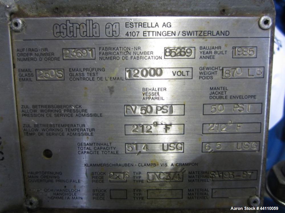 Used Estrella / Bertrams AG Basel Glass Lined Nutsche Filter 24" Diameter (51.4 Gallons, 6.5 Gallons, rated 50/FV at 212 F internal, 50 at 212 F jacket. Filter Tray with 151 holes. Bertrum Serial # 9...