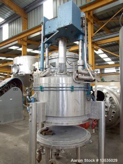 Used Guedu 750 Nutsche Filter/Dryer with agitator. Stainless steel, jacketed, 7.43 square feet (0.69 m2) filter area and 36.6" (930 mm) diameter, total volume 141.4 gallons (535 liters). On top (1) 5...