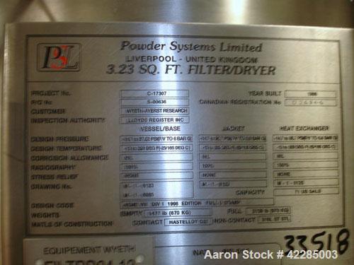 Used PSL/Powder Systems LTD Nutsche Filter Dryer, 0.3 square meter, Hastelloy C22. Internal rated 87 psi and full vacuum at 329 deg F, 316L stainless steel jacket rated 95.7 psi and full vacuum at 32...