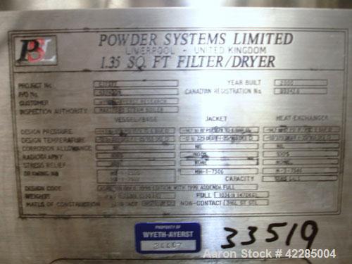 Used PSL/Powder Systems LTD Nutsche Filter Dryer, 0.125 square meter, Hastelloy C22. Internal rated 87 psi and full vacuum at 329 deg F, 316L stainless steel jacket rated 87 psi and full vacuum at 32...