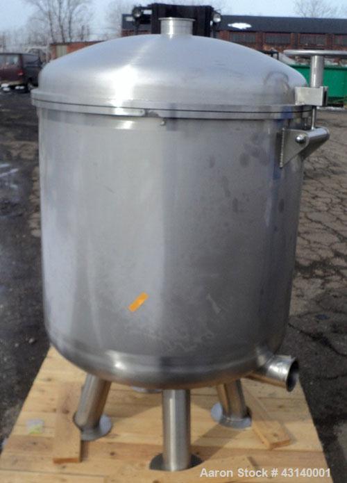 Used Buchner Nutsche Style Filter, Approximate 0.6 Square Meter, 304 Stainless Steel. 36" Diameter x 29" deep, hinged dish top, dish bottom. 4" Top inlet, 4" side bottom outlet, 2" center bottom outl...