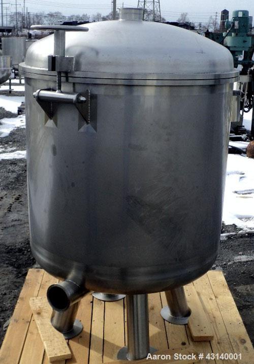 Used Buchner Nutsche Style Filter, Approximate 0.6 Square Meter, 304 Stainless Steel. 36" Diameter x 29" deep, hinged dish top, dish bottom. 4" Top inlet, 4" side bottom outlet, 2" center bottom outl...