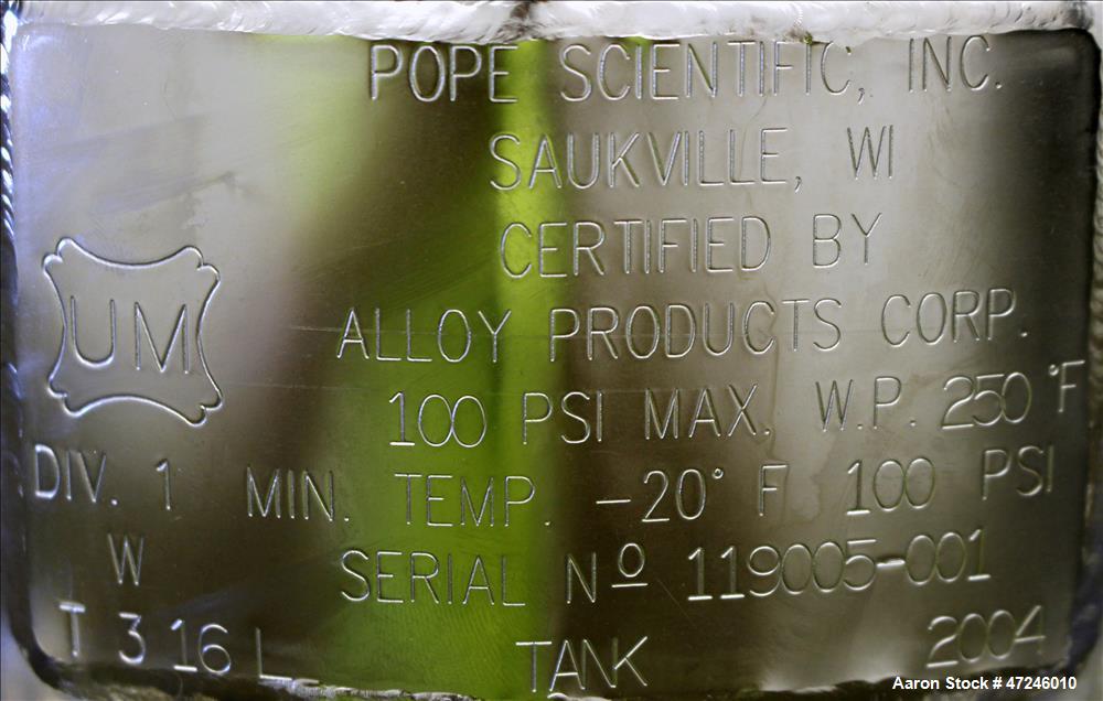 Used Pope Scientific Nutsche Filter, 18.9 liter, 316L Stainless Steel