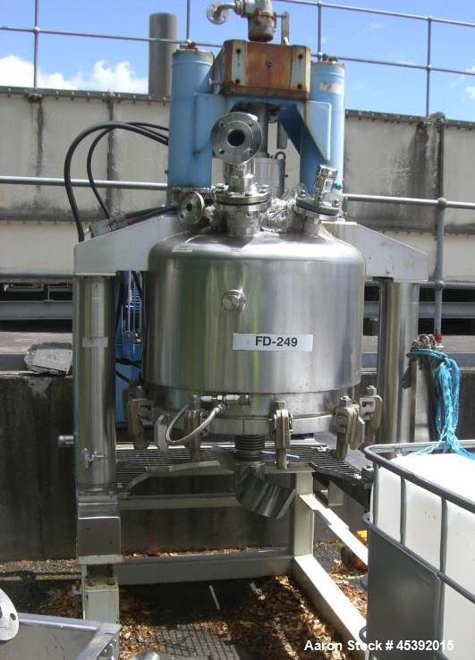 Used Rosenmund Model RSD-0.4-964-98 Hastelloy C22 Nutsche Filter Dryer. Unit has welded dished top and clamped flat bottom mobile filter plate. Internal rated 420 litre capacity, 6 bar/full vacuum de...