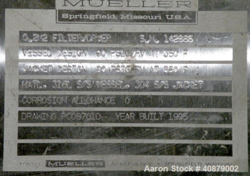 Used Rosenmund Filter Dryer, (0.2) Square Meter, 316L Stainless Steel. 19.625" diameter x 24" straight side. Dished top, flat removable jacketed bottom with filter plate. Internal rated 90/FV at 350 ...