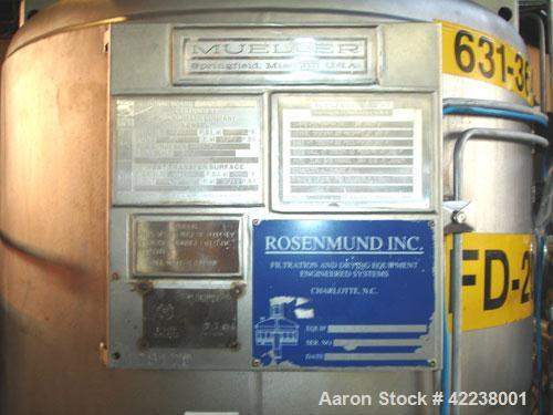 Used Rosenmund Agitated Nutsche Filter, 0.3 square meter, 316L stainless steel. 185 liter capacity, 24" diameter bottom plate, rated 90 psi and full vacuum at 350 F internal, 304L stainless steel jac...