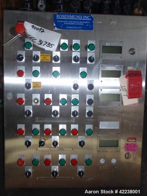 Used Rosenmund Agitated Nutsche Filter, 0.3 square meter, 316L stainless steel. 185 liter capacity, 24" diameter bottom plate, rated 90 psi and full vacuum at 350 F internal, 304L stainless steel jac...