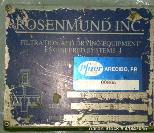 Used Rosenmund Filter Dryer, 4 Square Meter, Model 4MS Side Discharge, 316L Stainless Steel. Approximately 96" diameter x 36" straight side. Dished top, flat removable bottom with filter plate. Inter...