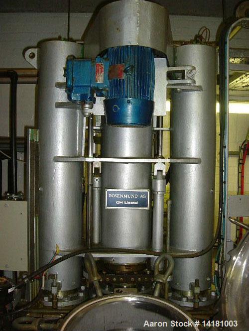 Used Rosenmund Nutsche Filter Dryer, Model RND2, 2.4 sq m (25.8 sq feet), 316L stainless steel, center bottom discharge, 2870 liter (758 gallon) and 1800 mm (71'') diameter x 700 mm (27.5'') straight...