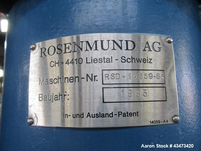 Used Rosenmund Nutsche Filter, 1 Square Meter, Model RSD-1-359-85, 316L Stainless Steel. 46" dia x 26" straight side. Internal rated 50 psi at 302 degrees F. 7.5/5 hp Two speed agitator, 460 volt XP ...