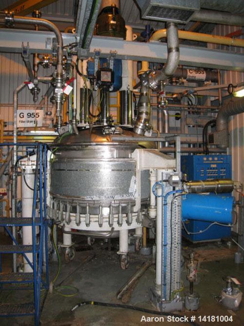 Used Rosenmund Nutsche Filter Dryer, 1.6 sq m (17 sq feet), built 1989, Model RSD. Material of contruction 316L stainless steel, 3992mm (11') total height, 1500mm (5') diameter, side discharge, 7.5 k...