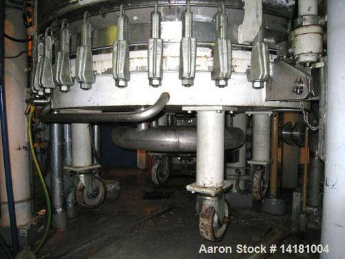 Used Rosenmund Nutsche Filter Dryer, 1.6 sq m (17 sq feet), built 1989, Model RSD. Material of contruction 316L stainless steel, 3992mm (11') total height, 1500mm (5') diameter, side discharge, 7.5 k...