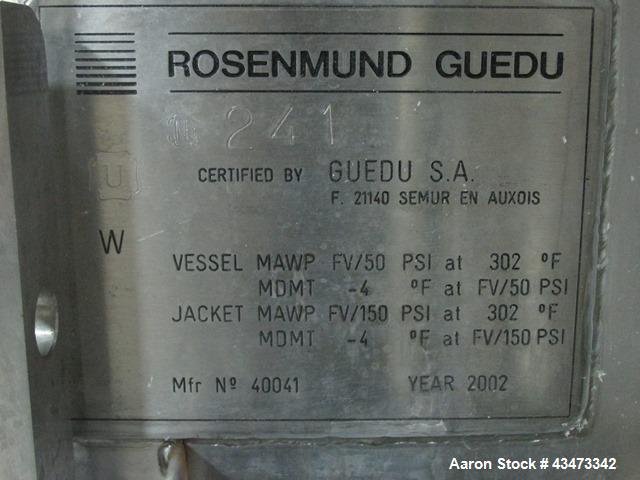 Used Rosenmund Geudu Nutsche Filter Dryer, 0.3 Square Meter, 316L Stainless Steel. Internal rated 50 psi & Full Vacuum at 302 degrees F. 316L Stainless steel jacket rated 150 psi & Full Vacuum at 302...