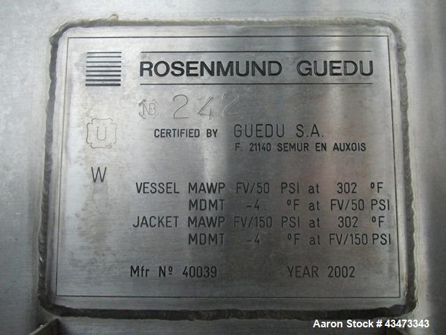 Used Rosenmund Geudu Nutsche Filter Dryer, 0.2 Square Meter, Hastelloy C22. 115 Liter working capacity, 44 liter cake capacity. Internal rated 50 psi & Full Vacuum at 302 degrees F. 316L Stainless st...