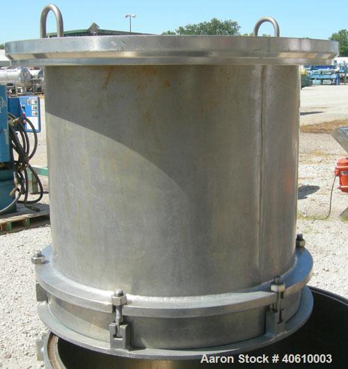 Used Sparkler Manual Nutsche Filter, model 18'', 316 stainless steel. Vessel 20'' diameter x 20'' deep, dished clamp on top, dished bottom, rated 60 psi at 350 deg F. Removable inner chamber with bot...