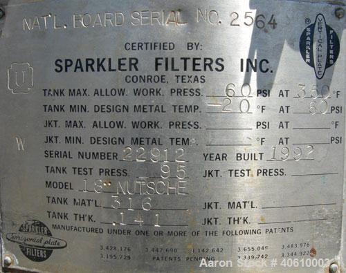 Used Sparkler Manual Nutsche Filter, model 18'', 316 stainless steel. Vessel 20'' diameter x 20'' deep, dished clamp on top, dished bottom, rated 60 psi at 350 deg F. Removable inner chamber with bot...