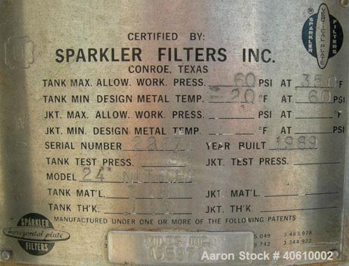 Used Sparkler manual Nutsche filter, model 24", 316 stainless steel. Vessel 24" diameter x 19" deep, dished clamp on top, dished bottom, rated 60 psi at 350 deg F. Removable inner chamber with bottom...