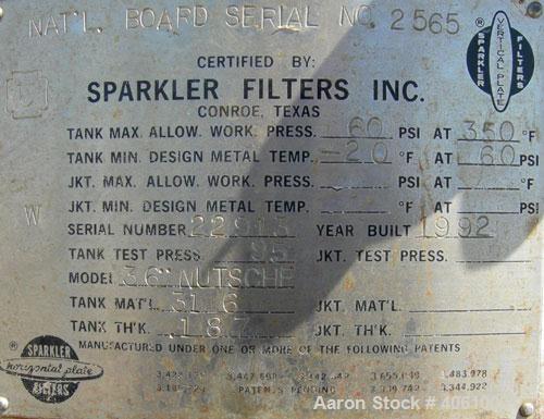 Used Sparkler manual Nutsche filter, model 36", 316 stainless steel. Vessel 36" diameter x 19" deep, dished clamp on top, dished bottom, rated 60 psi at 350 deg F. Removable inner chamber with bottom...