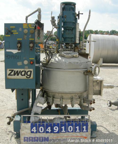 Used Zwag filter dryer, .5 square meter, 316 TI stainless steel. Approximately 30" (780mm) diameter x 20" (522mm) deep, dished top, flat bolt on jacketed bottom with screen. Internal rated -15/90 psi...