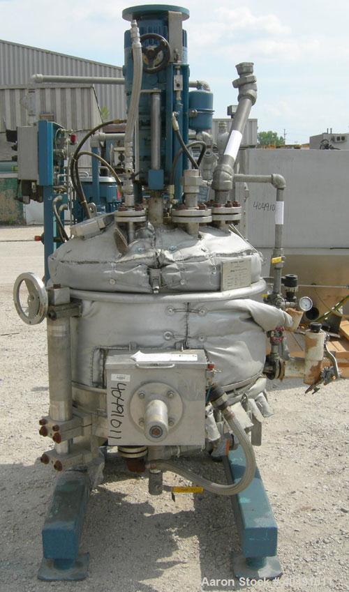 Used Zwag filter dryer, .5 square meter, 316 TI stainless steel. Approximately 30" (780mm) diameter x 20" (522mm) deep, dished top, flat bolt on jacketed bottom with screen. Internal rated -15/90 psi...