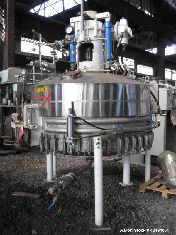 Used 2.6 sq meter ZWAG agitated nutsche filter, stainless steel construction, 1800 liter capacity vessel, rated 2 bar at 100 C internal, jacketed for 6 bar at 100 C, hydraulically operated agitator a...