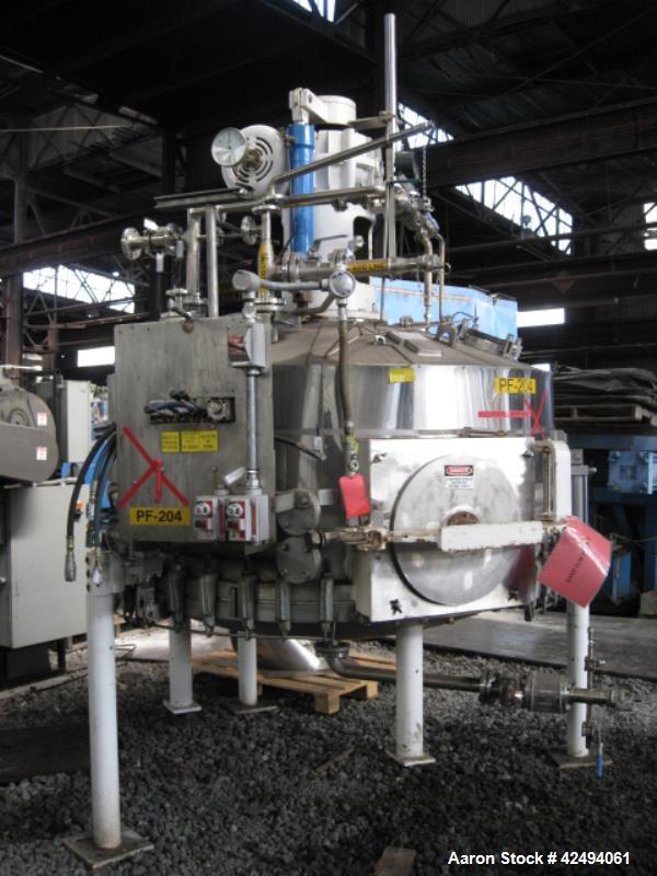 Used 2.6 sq meter ZWAG agitated nutsche filter, stainless steel construction, 1800 liter capacity vessel, rated 2 bar at 100 C internal, jacketed for 6 bar at 100 C, hydraulically operated agitator a...