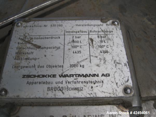 Used 2.6 sq meter ZWAG agitated nutsche filter, stainless steel construction, 1800 liter capacity vessel, rated 2 bar at 100 C internal, jacketed for 6 bar at 100 C, hydraulically operated agitator a...