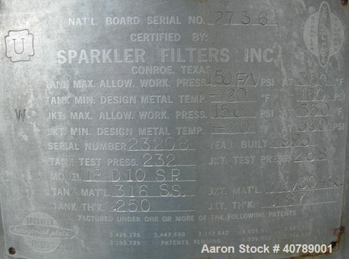 Used Sparkler Filters Inc Horizontal Plate Filter, Model 18-D-10SP, 316 Stainless Steel. Approximate 16.01 square foot filter area, 1.91 cubic foot cake capacity, rated 16 gpm per square foot filter ...