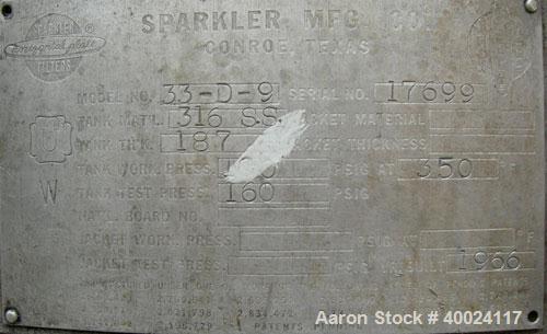 Used Sparkler horizontal plate filter, model 33-D-9, 316 stainless steel, approximate 50.4 square feet   filter area, 7.5 cubic feet cake capacity.  Rated 3000 gallons per hour max.  316 stainless st...