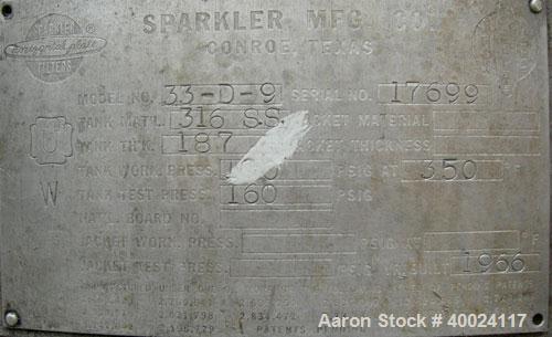 Used- Sparkler horizontal plate filter, model 33-D-9, 316 stainless steel, approximate 50.4 square feet   filter area, 7.5 c...