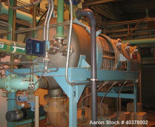Used U.S. Filter Filtra-Matic, model 48FM-370. Approximately 370 square feet area, 316 stainless steel construction, horizontal tank. Tank approxmately 48" diameter. Vertical leaf. Internal rated 100...
