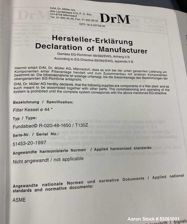 Used DrM Dr. Mueller AG Fundabac Pressure Funda Filter – 222 Sq. Ft. 316L Stainless Steel Candle Filter System